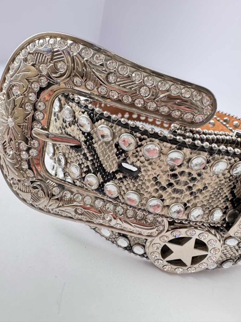 Blazin Roxx Western Star Belt Silver Rhinestone Crystal Snake Scallop Large NWOT - Picture 2 of 11
